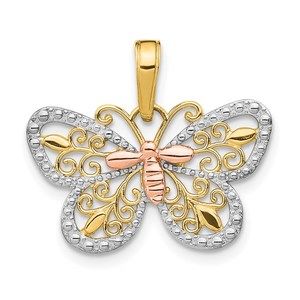 14k Two-tone Genuine Gold White Rhodium Diamond-cut Butterfly Necklace Pendant